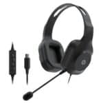 Black over-ear gaming headset with attached boom mic and inline control panel.